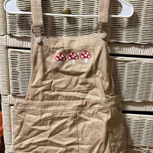 Tan Overalls with Mushroom Embroidery
